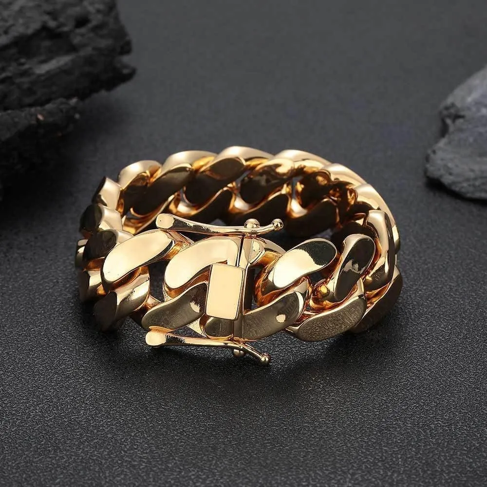 SUNEW Heavy Cuban Link Chain Bracelet, 18K Gold Plated, Wide Curb Link Design