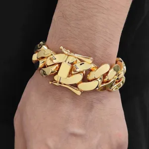 SUNEW Heavy Cuban Link Chain Bracelet, 18K Gold Plated, Wide Curb Link Design