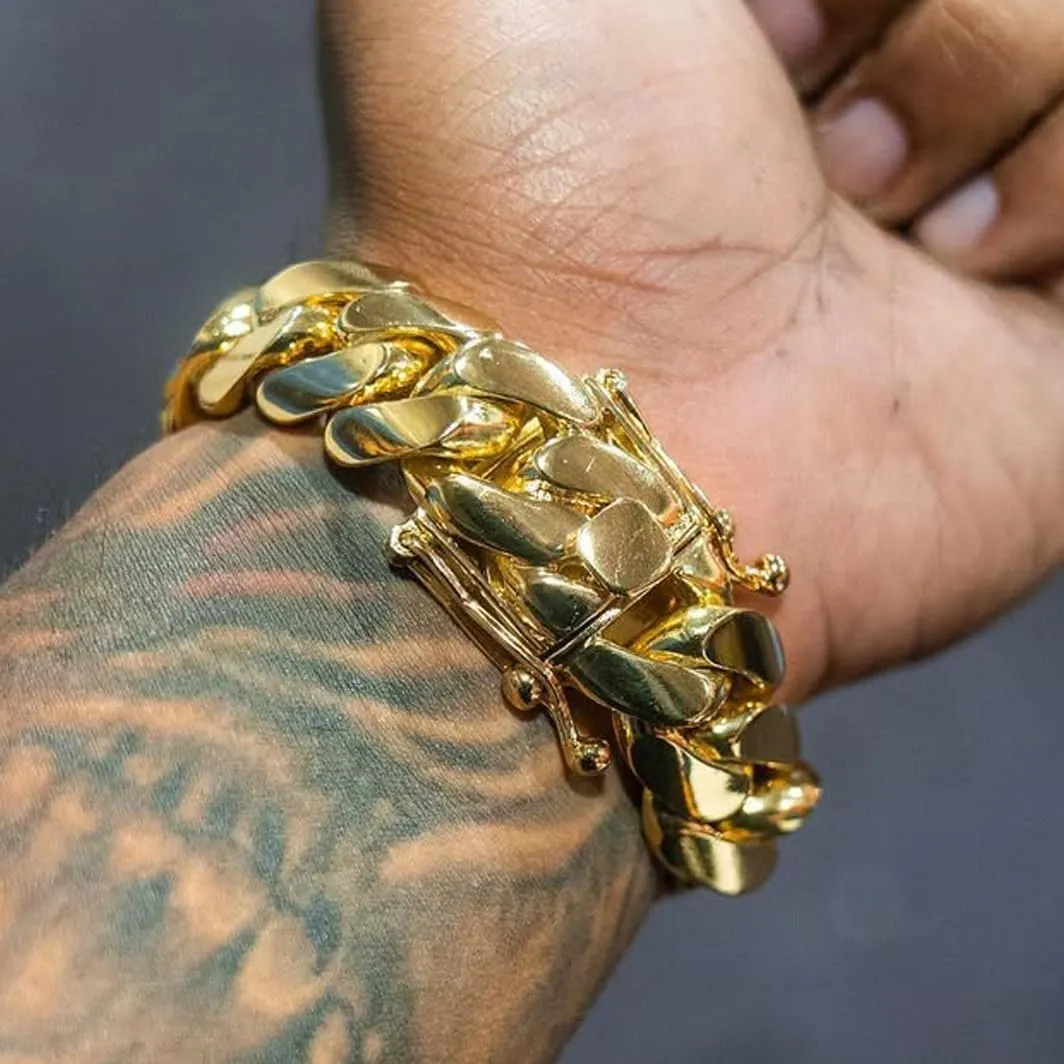 SUNEW Heavy Cuban Link Chain Bracelet, 18K Gold Plated, Wide Curb Link Design