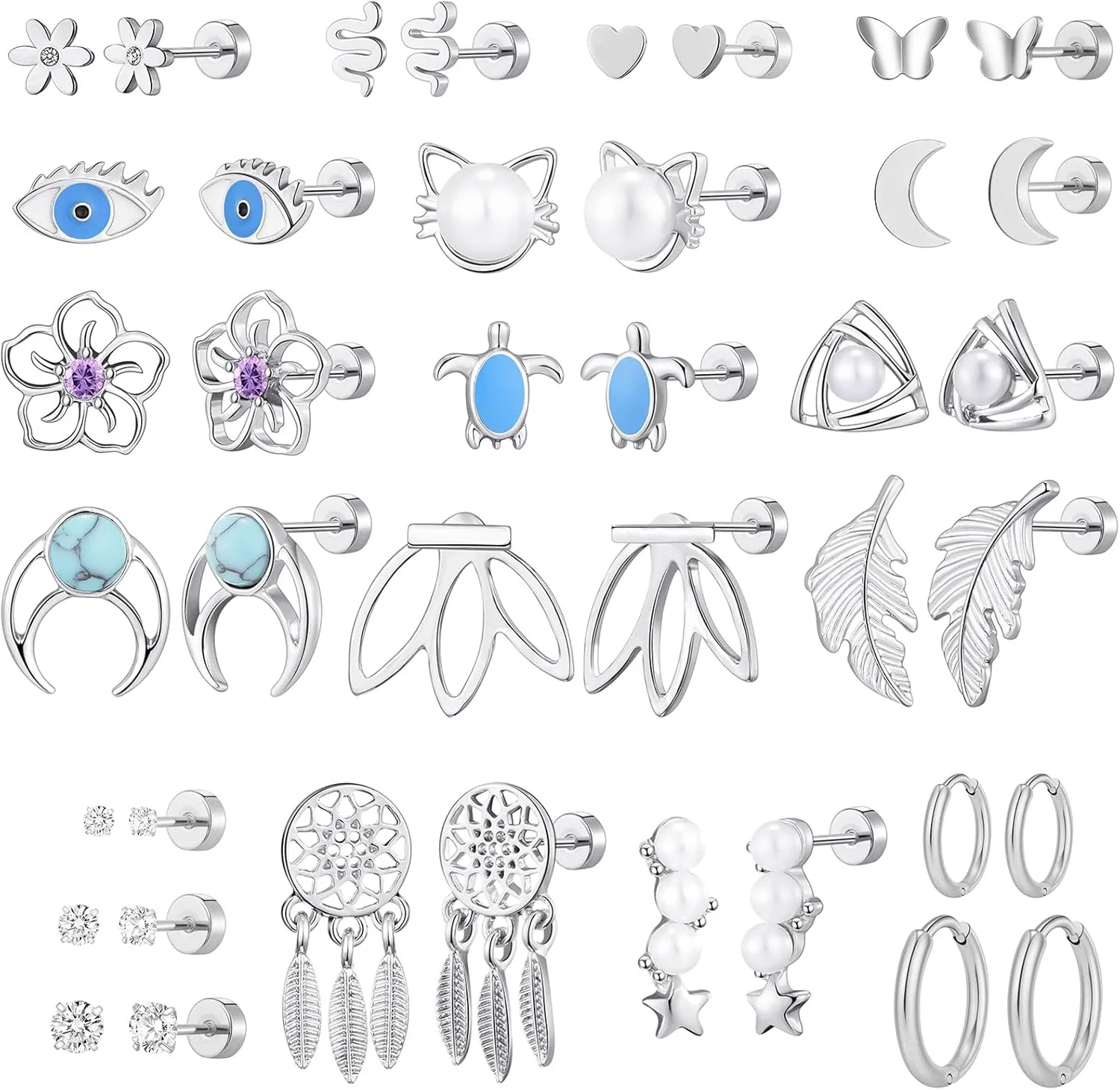 TAMHOO 20 Pairs Flat Back Earrings for Women and Teen Girls- Gold Plated Screwback Earring with Diverse Designs, Perfect for Multiple Piercings and Everyday Wear