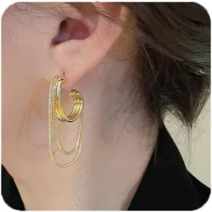 Tassel Chain Small Gold Hoop Dangle Earring For Women, Minimalist Small Dangle Chain Fashion Jewelry Open Hoop Earrings For Gift