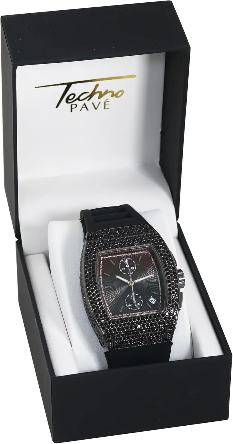 Techno Pave Men's 39mm Iced Out Tonneau Watch - Luxury Hip-Hop Style, Quartz Movement, Silicone Band