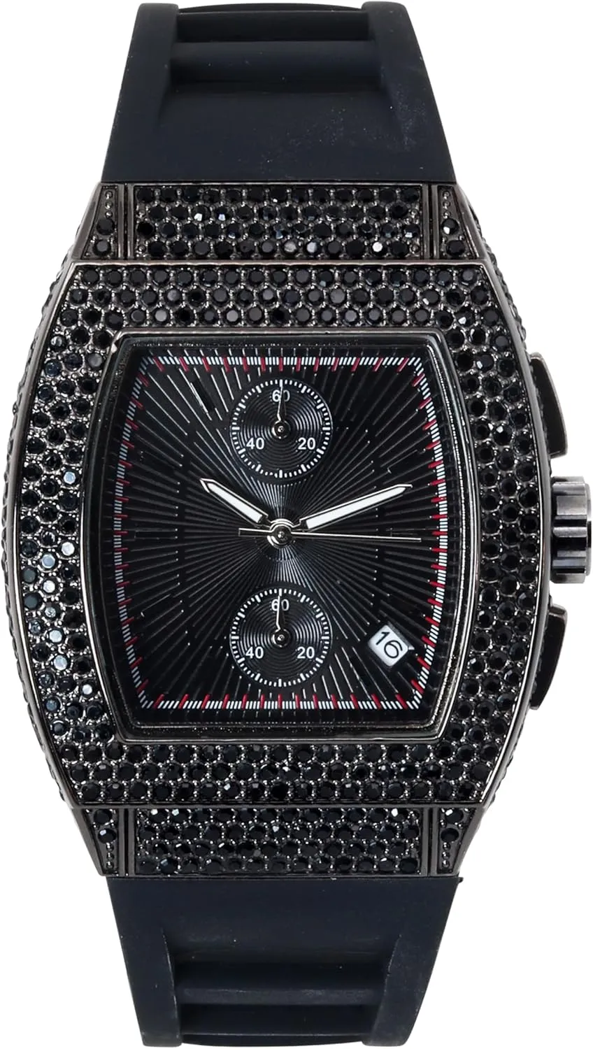 Techno Pave Men's 39mm Iced Out Tonneau Watch - Luxury Hip-Hop Style, Quartz Movement, Silicone Band