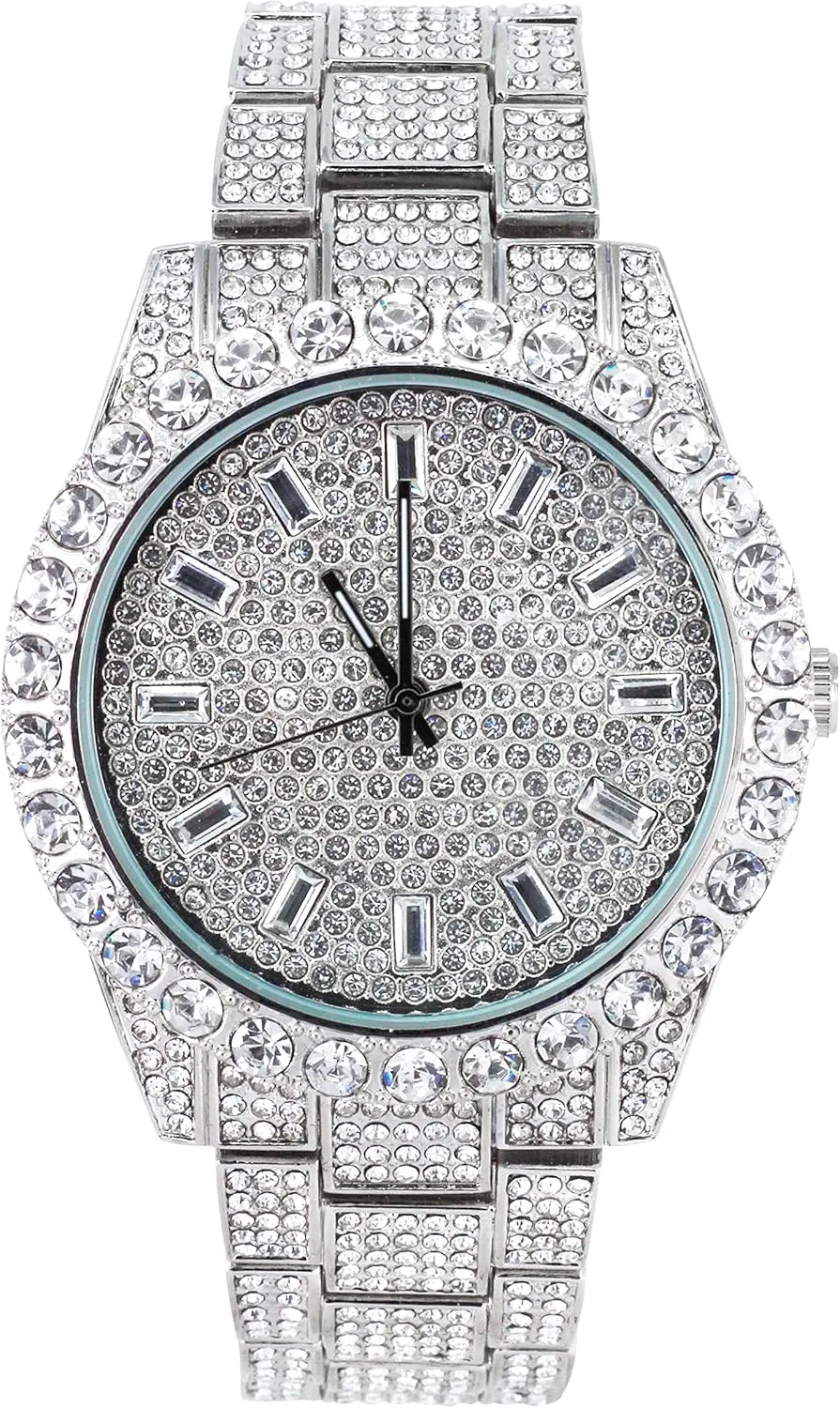 Techno Pave Men's 44mm Iced Out Solitaire Bezel Watch, Baguette Dial