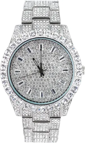 Techno Pave Men's 44mm Iced Out Solitaire Bezel Watch, Baguette Dial
