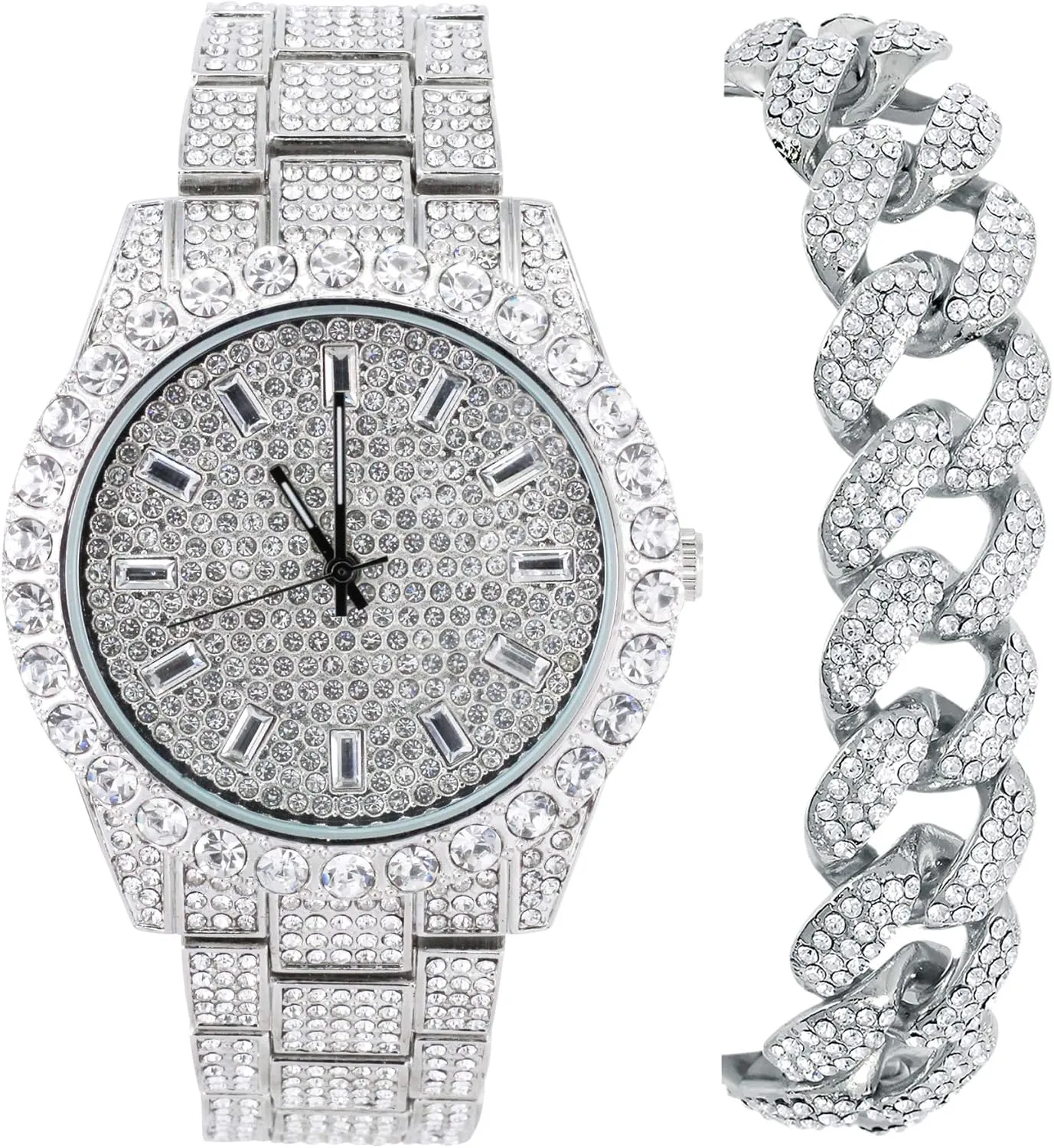 Techno Pave Mens Fully Iced Diamond Metal Band Watch & Bracelet Set - Silver Baguette Dial & Big Cuban Bracelet