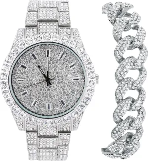 Techno Pave Mens Fully Iced Diamond Metal Band Watch & Bracelet Set - Silver Baguette Dial & Big Cuban Bracelet