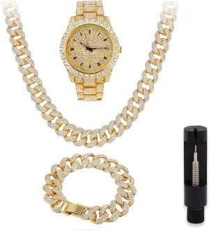 Techno Pave Mens Iced Out Metal Band Watch & Bling-ed Out Jewelry Set