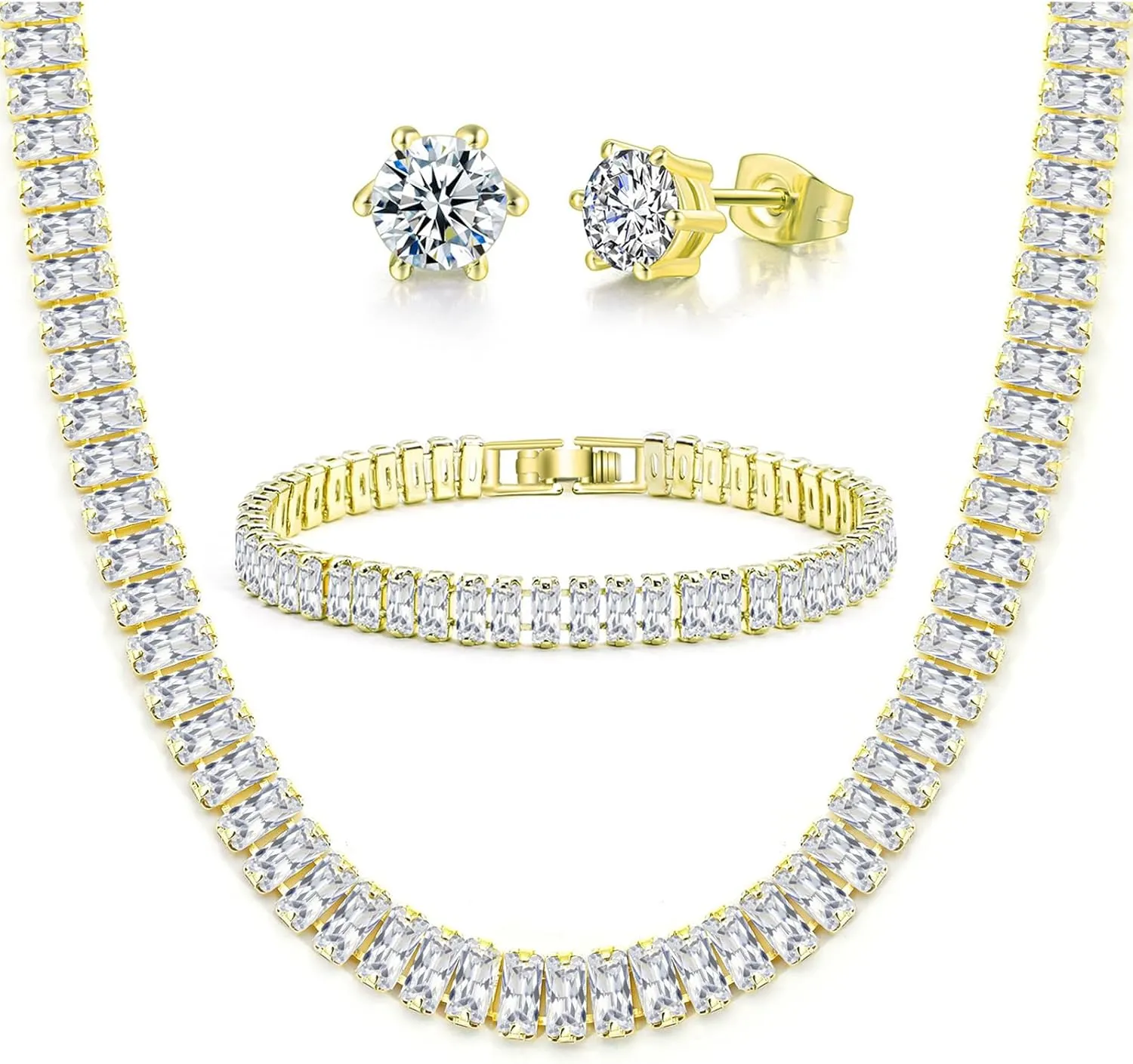 Tennis Necklace Bracelet Earrings Silver / 14K Gold Plated Sparkling Rhinestone Choker Necklaces Dainty Crystal Cubic Zirconia Bridal Wedding Jewelry for Women