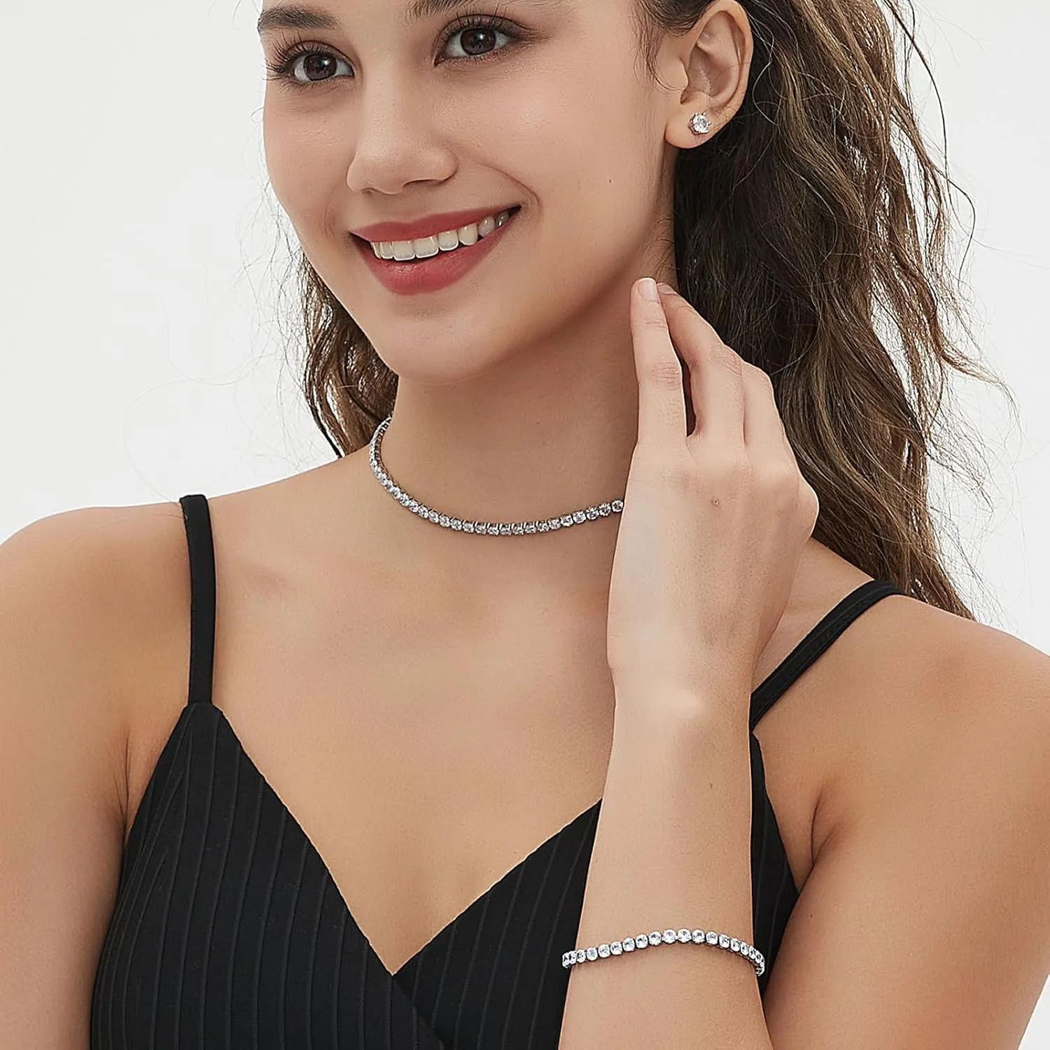 Tennis Necklace Bracelet Earrings Silver / 14K Gold Plated Sparkling Rhinestone Choker Necklaces Dainty Crystal Cubic Zirconia Bridal Wedding Jewelry for Women