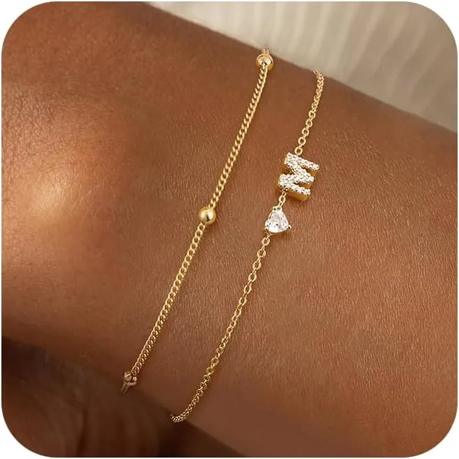 Tewiky Initial Heart Gold Bracelets for Women Trendy,Dainty 14K Gold Plated Zircon Letter Charm Bracelet Cute Simple Stack Beaded Chain Bracelets Jewelry for Women Gift