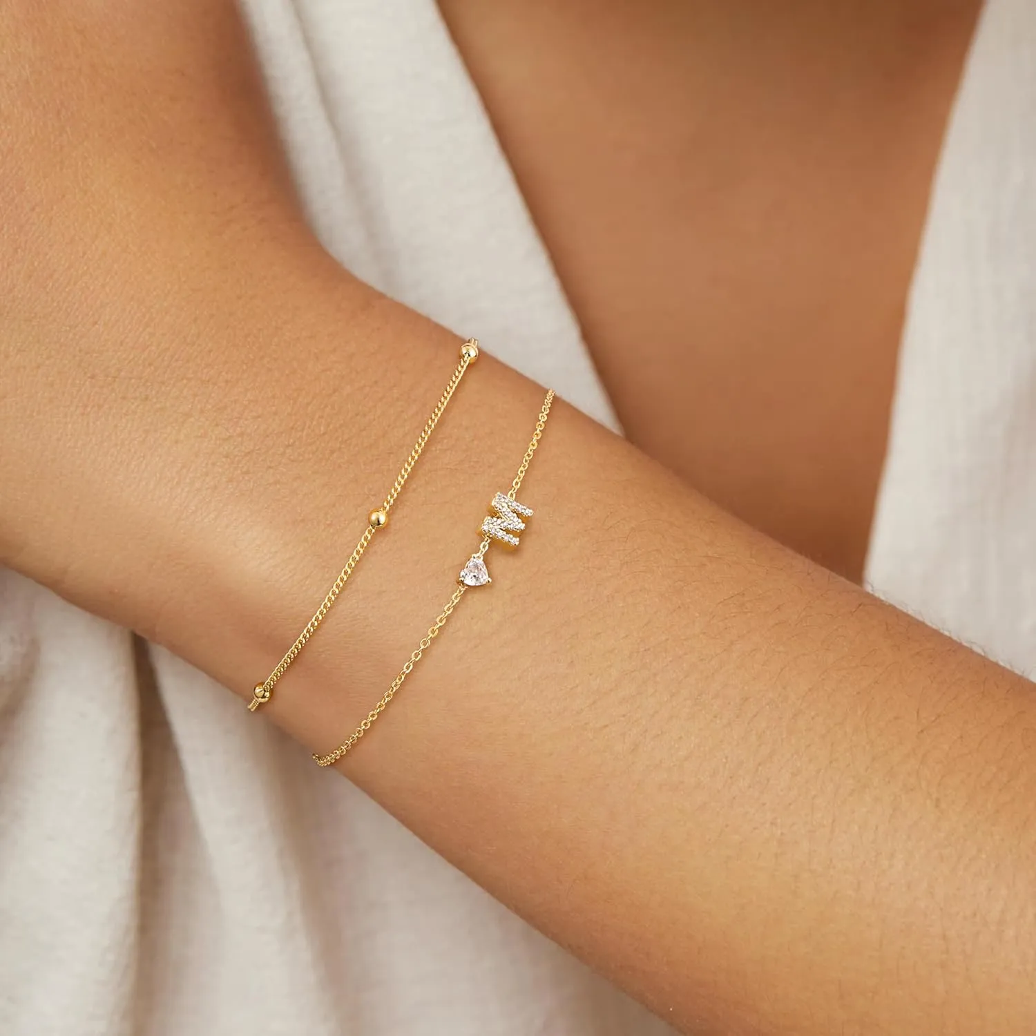 Tewiky Initial Heart Gold Bracelets for Women Trendy,Dainty 14K Gold Plated Zircon Letter Charm Bracelet Cute Simple Stack Beaded Chain Bracelets Jewelry for Women Gift