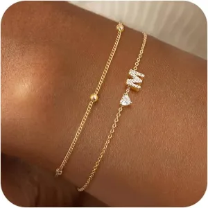 Tewiky Initial Heart Gold Bracelets for Women Trendy,Dainty 14K Gold Plated Zircon Letter Charm Bracelet Cute Simple Stack Beaded Chain Bracelets Jewelry for Women Gift