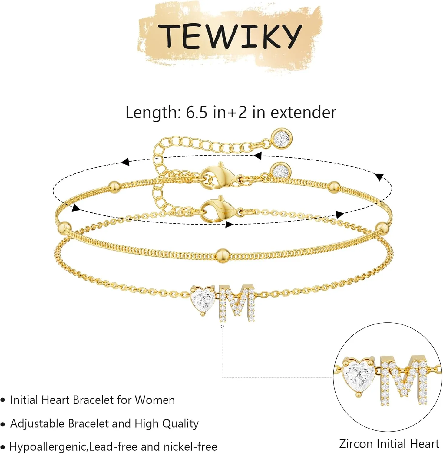 Tewiky Initial Heart Gold Bracelets for Women Trendy,Dainty 14K Gold Plated Zircon Letter Charm Bracelet Cute Simple Stack Beaded Chain Bracelets Jewelry for Women Gift