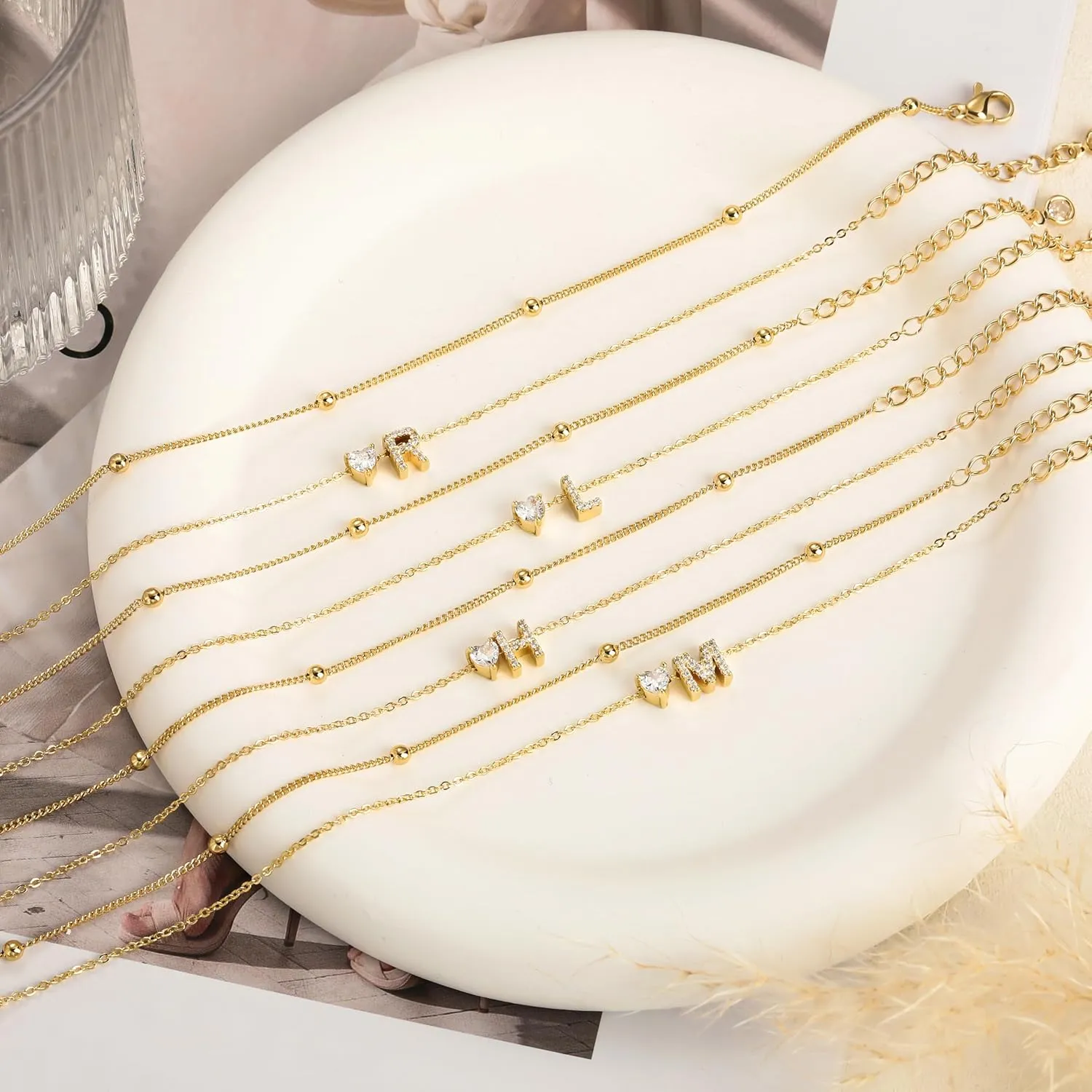 Tewiky Initial Heart Gold Bracelets for Women Trendy,Dainty 14K Gold Plated Zircon Letter Charm Bracelet Cute Simple Stack Beaded Chain Bracelets Jewelry for Women Gift