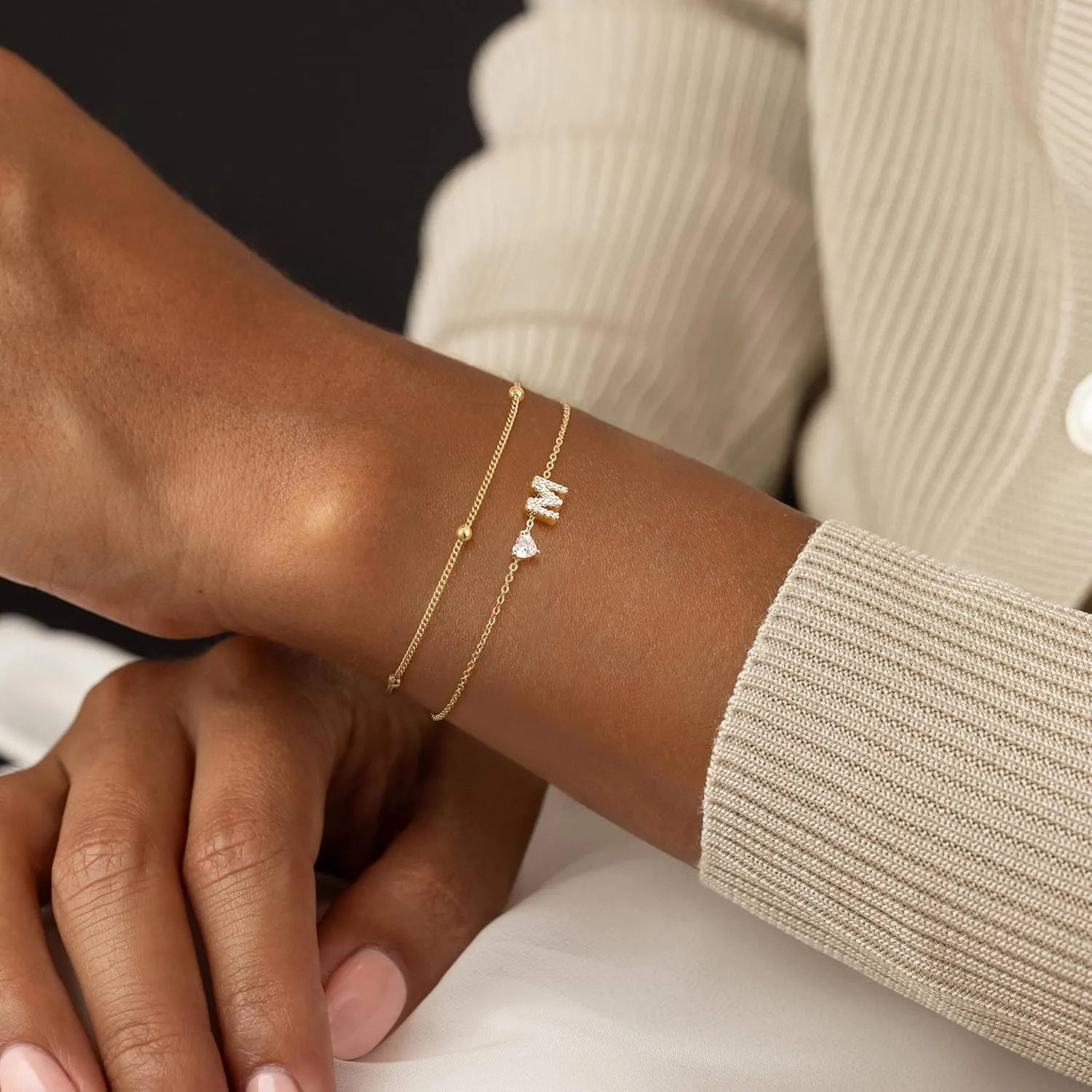 Tewiky Initial Heart Gold Bracelets for Women Trendy,Dainty 14K Gold Plated Zircon Letter Charm Bracelet Cute Simple Stack Beaded Chain Bracelets Jewelry for Women Gift