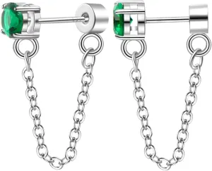 Threadless Flat Back Studs Earrings Chain Dangle Stud Earrings with Green Cubic Zirconia for Women Teens Small Stud Earrings Flat Back Stud Earrings CZ Chain Drop Earrings Studs Stainless Steel Stud Earrings Hypoallergenic Jewelry