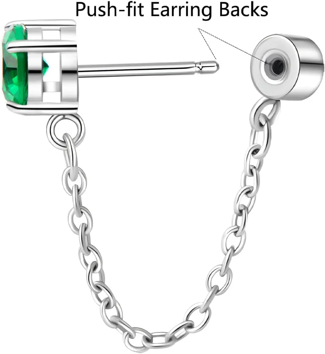 Threadless Flat Back Studs Earrings Chain Dangle Stud Earrings with Green Cubic Zirconia for Women Teens Small Stud Earrings Flat Back Stud Earrings CZ Chain Drop Earrings Studs Stainless Steel Stud Earrings Hypoallergenic Jewelry