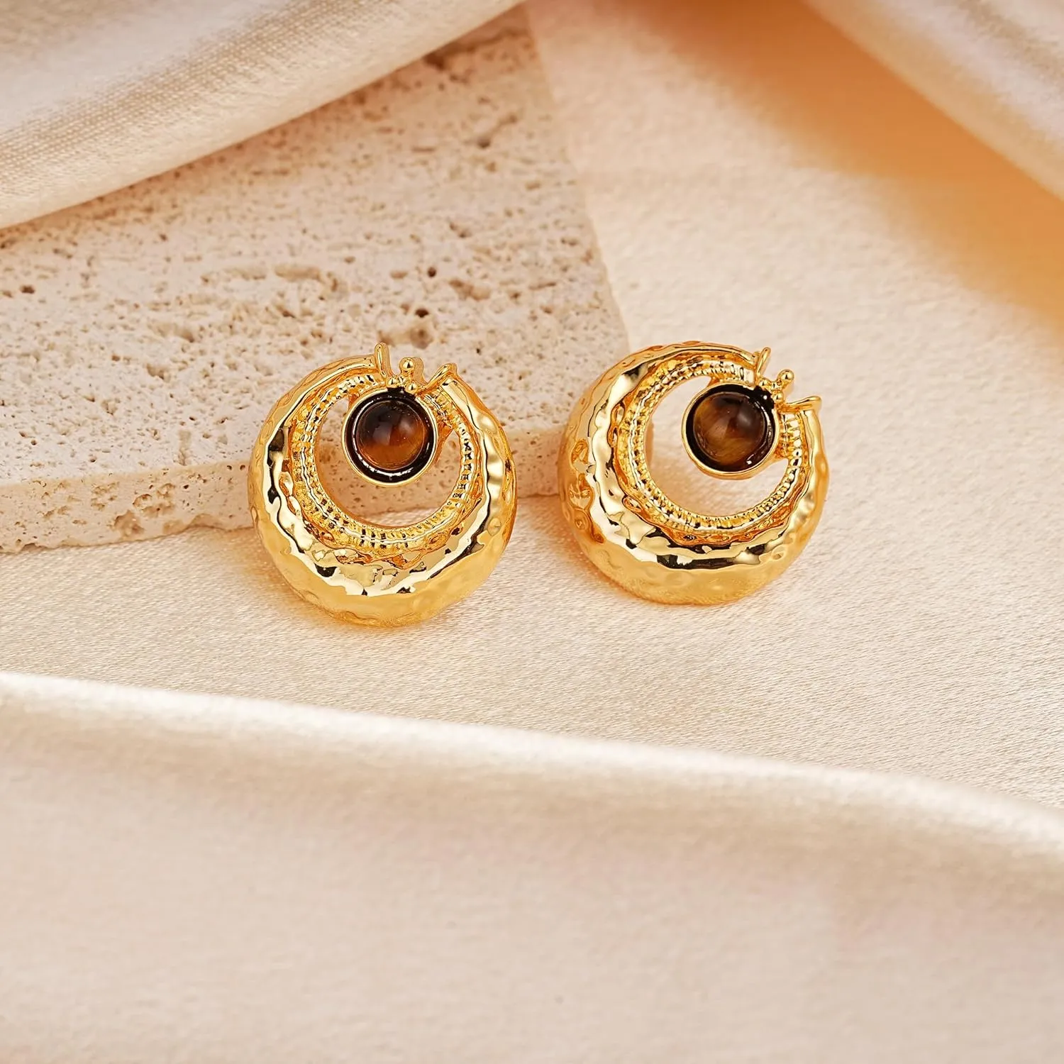 Tiger Eye Stud Earrings for Women Gold Post Earring Round Gemstone Earrings Vintage Elegant Jewelry Boho Earring for Women