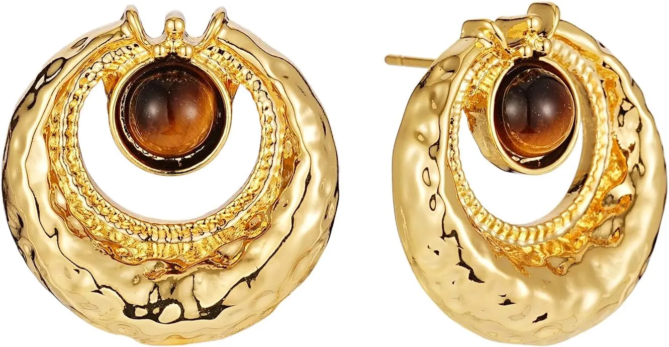 Tiger Eye Stud Earrings for Women Gold Post Earring Round Gemstone Earrings Vintage Elegant Jewelry Boho Earring for Women
