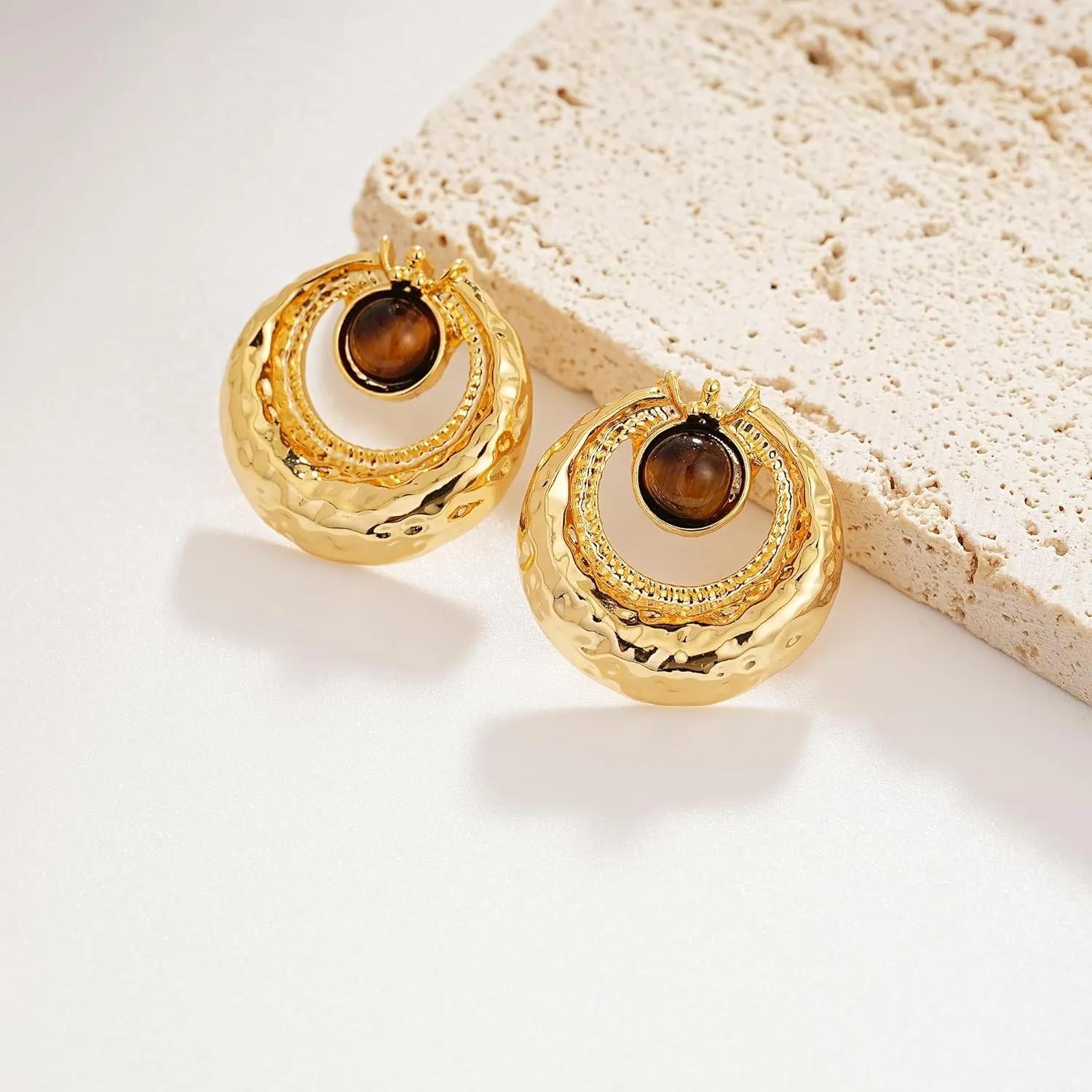Tiger Eye Stud Earrings for Women Gold Post Earring Round Gemstone Earrings Vintage Elegant Jewelry Boho Earring for Women