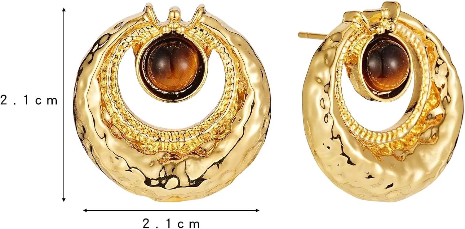 Tiger Eye Stud Earrings for Women Gold Post Earring Round Gemstone Earrings Vintage Elegant Jewelry Boho Earring for Women