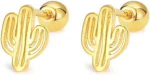 Tiny Cactus Stud Earrings/Screw Back/Gold-Plated 925 Sterling Silver