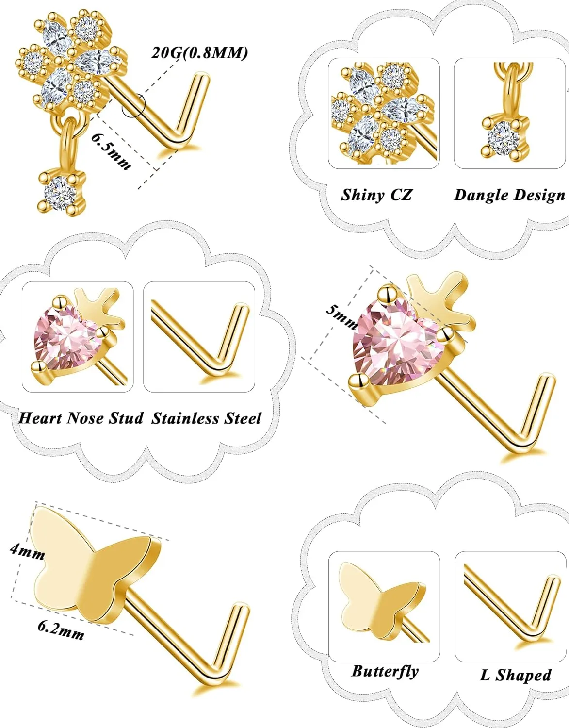 Tornito 12Pcs Nose Ring Nose Stud L Shaped Snake Butterfly CZ Flower Moon Dangle Nose Rings Stud for Women Men Silver Gold Tone 20G