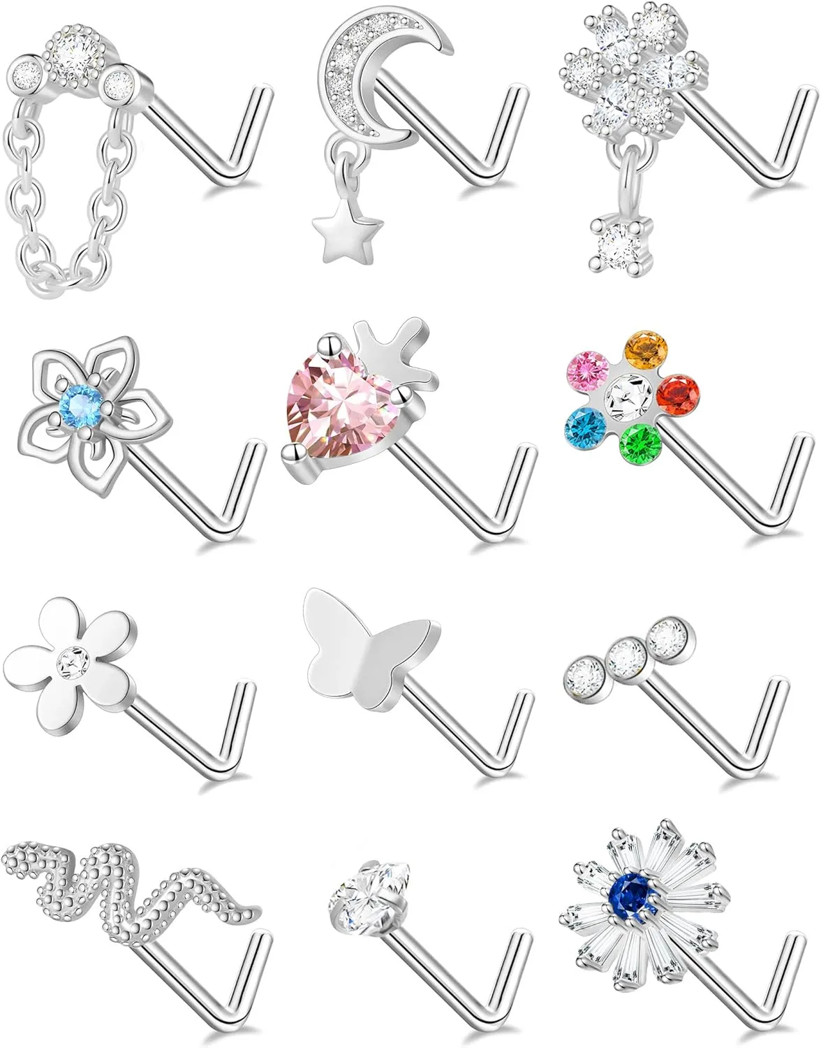 Tornito 12Pcs Nose Ring Nose Stud L Shaped Snake Butterfly CZ Flower Moon Dangle Nose Rings Stud for Women Men Silver Gold Tone 20G