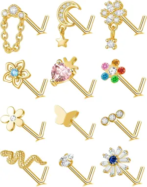 Tornito 12Pcs Nose Ring Nose Stud L Shaped Snake Butterfly CZ Flower Moon Dangle Nose Rings Stud for Women Men Silver Gold Tone 20G