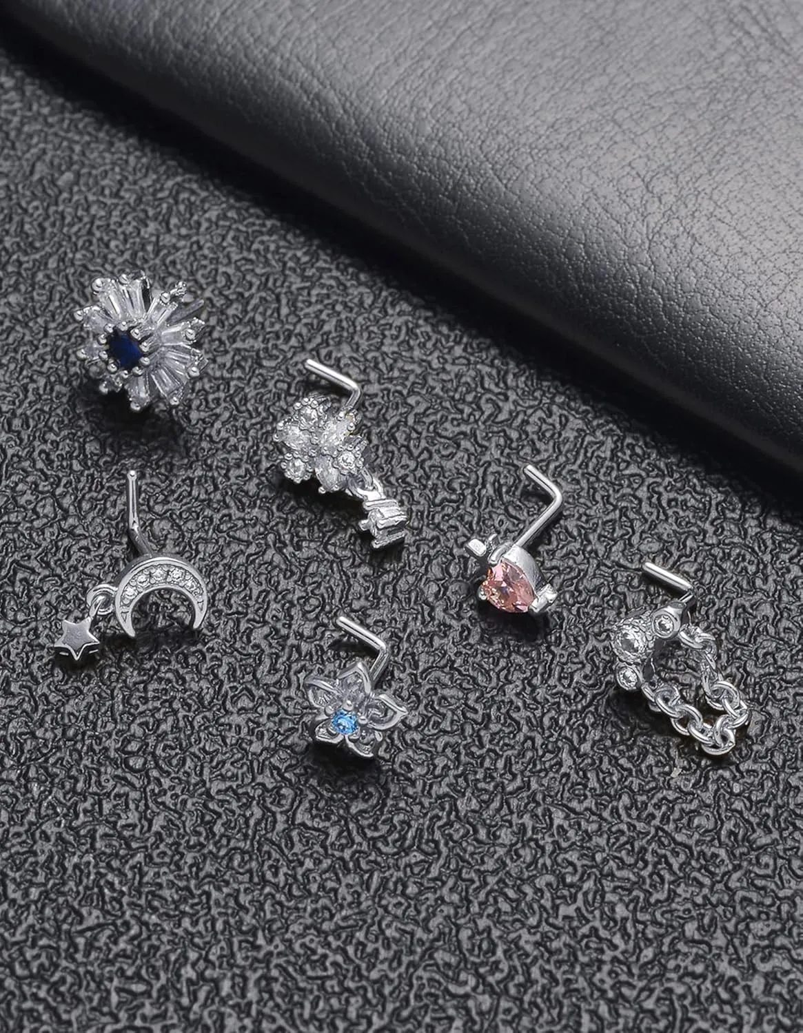 Tornito 12Pcs Nose Ring Nose Stud L Shaped Snake Butterfly CZ Flower Moon Dangle Nose Rings Stud for Women Men Silver Gold Tone 20G