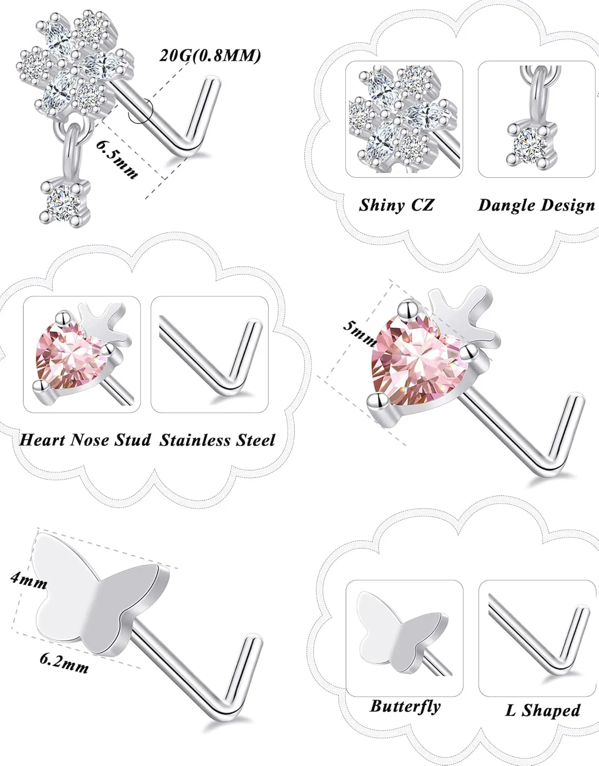 Tornito 12Pcs Nose Ring Nose Stud L Shaped Snake Butterfly CZ Flower Moon Dangle Nose Rings Stud for Women Men Silver Gold Tone 20G