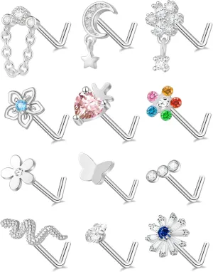 Tornito 12Pcs Nose Ring Nose Stud L Shaped Snake Butterfly CZ Flower Moon Dangle Nose Rings Stud for Women Men Silver Gold Tone 20G