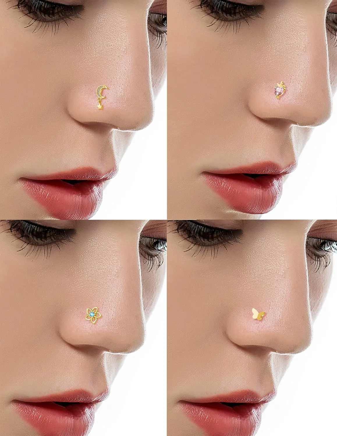 Tornito 12Pcs Nose Ring Nose Stud L Shaped Snake Butterfly CZ Flower Moon Dangle Nose Rings Stud for Women Men Silver Gold Tone 20G