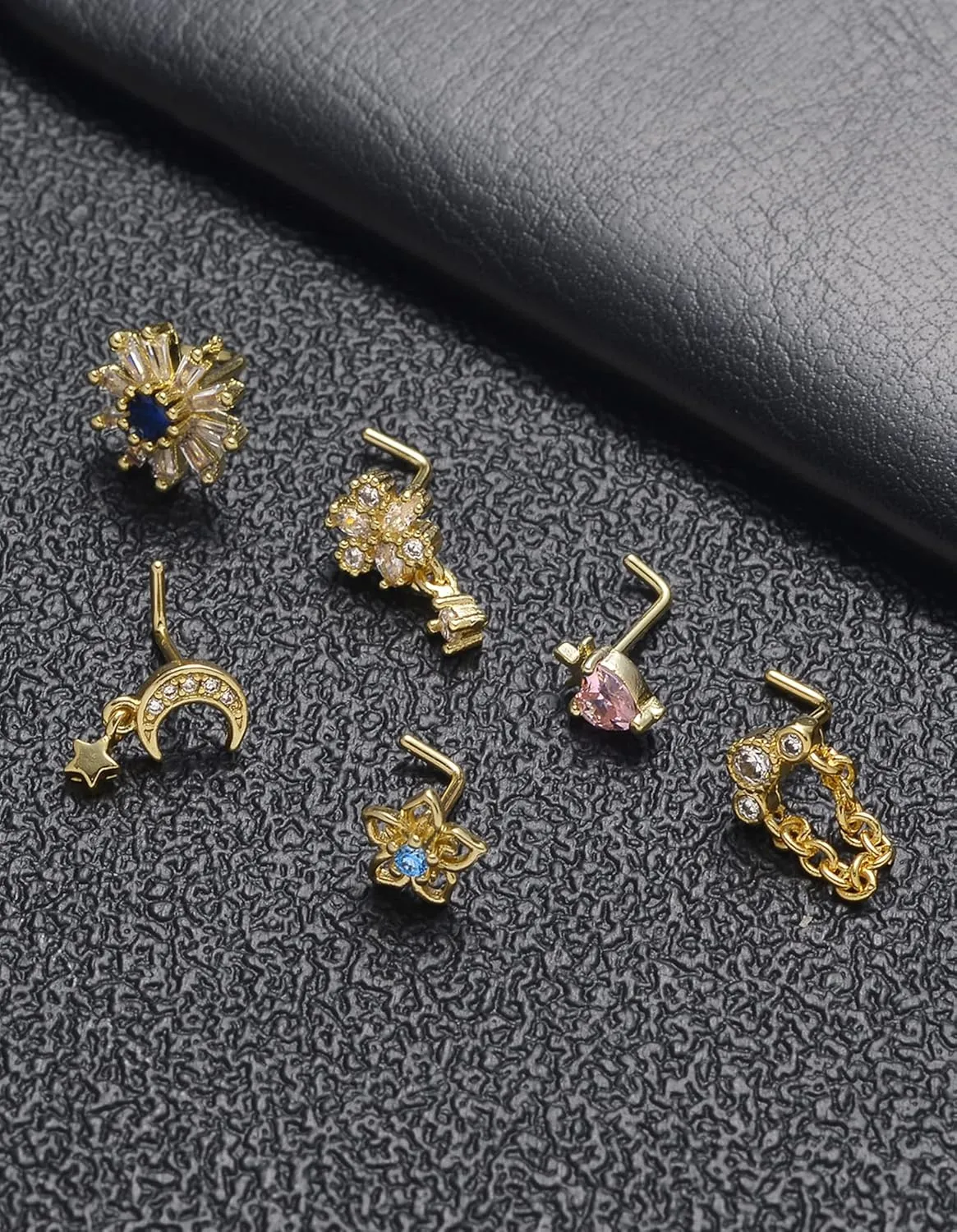 Tornito 12Pcs Nose Ring Nose Stud L Shaped Snake Butterfly CZ Flower Moon Dangle Nose Rings Stud for Women Men Silver Gold Tone 20G