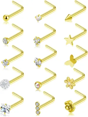 Tornito 15Pcs G23 Titanium Nose Rings Stud L Shaped Star Heart CZ Flower Butterfly Ball Nose Stud Pure Titanium Nostril Piercing Jewelry for Women Men 20G Silver Gold Tone
