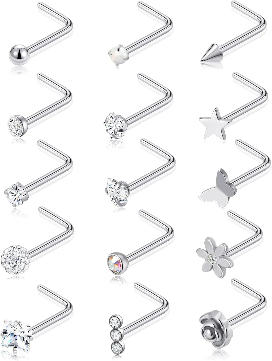 Tornito 15Pcs G23 Titanium Nose Rings Stud L Shaped Star Heart CZ Flower Butterfly Ball Nose Stud Pure Titanium Nostril Piercing Jewelry for Women Men 20G Silver Gold Tone