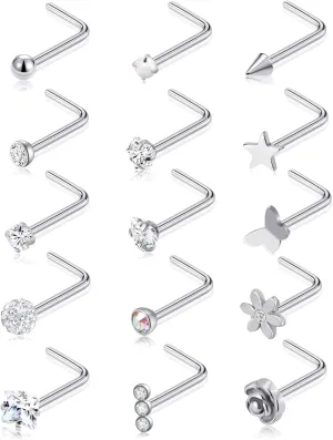 Tornito 15Pcs G23 Titanium Nose Rings Stud L Shaped Star Heart CZ Flower Butterfly Ball Nose Stud Pure Titanium Nostril Piercing Jewelry for Women Men 20G Silver Gold Tone