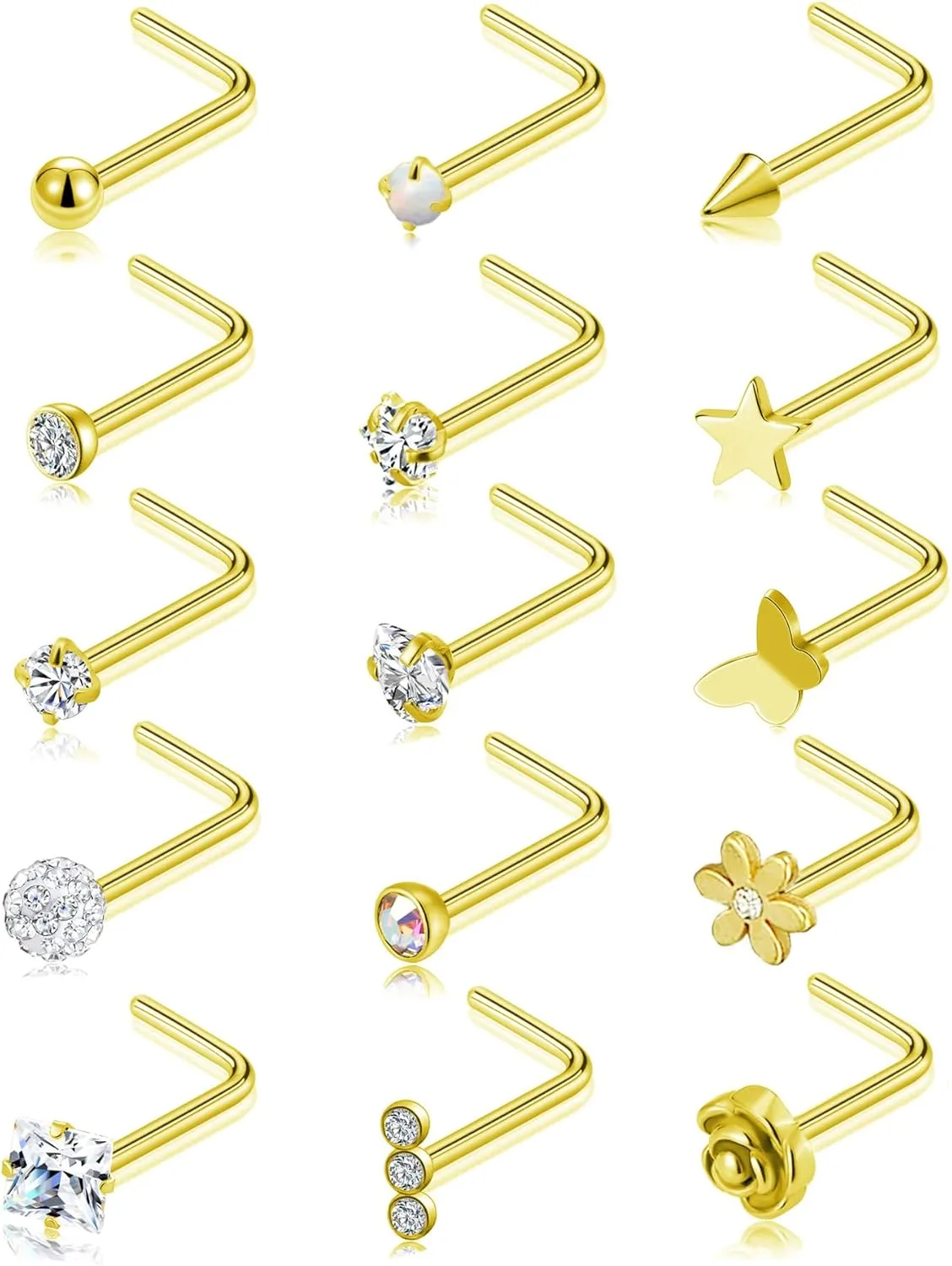 Tornito 15Pcs G23 Titanium Nose Rings Stud L Shaped Star Heart CZ Flower Butterfly Ball Nose Stud Pure Titanium Nostril Piercing Jewelry for Women Men 20G Silver Gold Tone