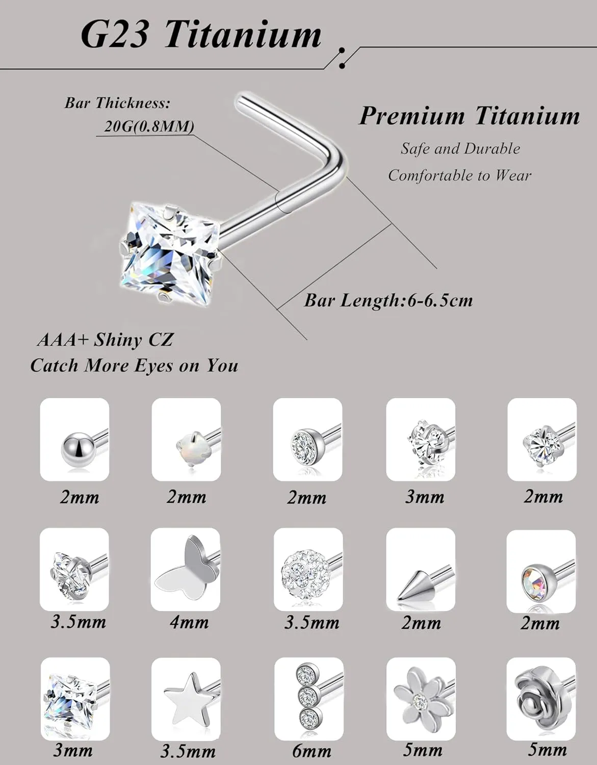 Tornito 15Pcs G23 Titanium Nose Rings Stud L Shaped Star Heart CZ Flower Butterfly Ball Nose Stud Pure Titanium Nostril Piercing Jewelry for Women Men 20G Silver Gold Tone