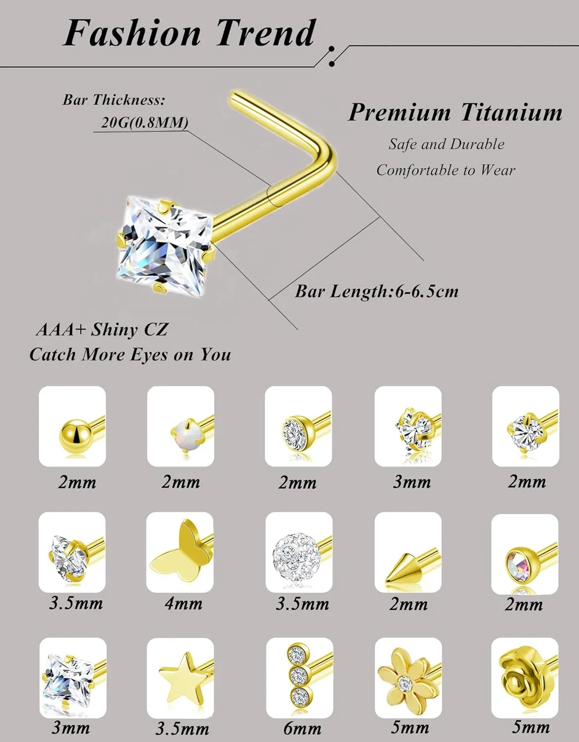 Tornito 15Pcs G23 Titanium Nose Rings Stud L Shaped Star Heart CZ Flower Butterfly Ball Nose Stud Pure Titanium Nostril Piercing Jewelry for Women Men 20G Silver Gold Tone