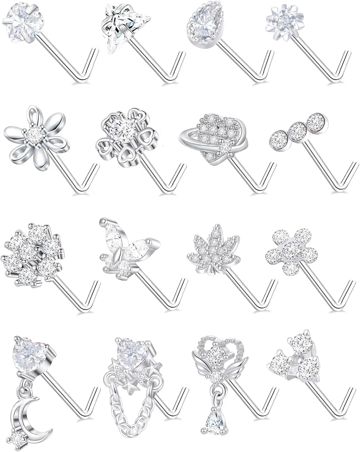 Tornito 16Pcs Nose Rings L Shaped Nose Stud Stainless Steel Butterfly Flower Leaf Heart Moon Dangle Nose Stud Ring Body Piercing Jewelry for Women Men 20G Pink Blue Clear CZ