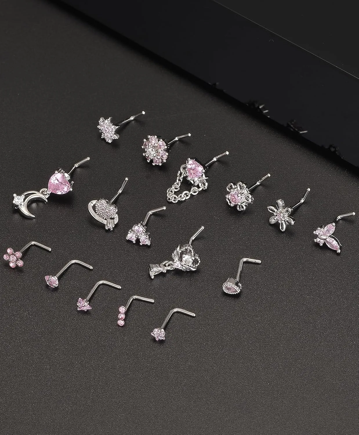 Tornito 16Pcs Nose Rings L Shaped Nose Stud Stainless Steel Butterfly Flower Leaf Heart Moon Dangle Nose Stud Ring Body Piercing Jewelry for Women Men 20G Pink Blue Clear CZ