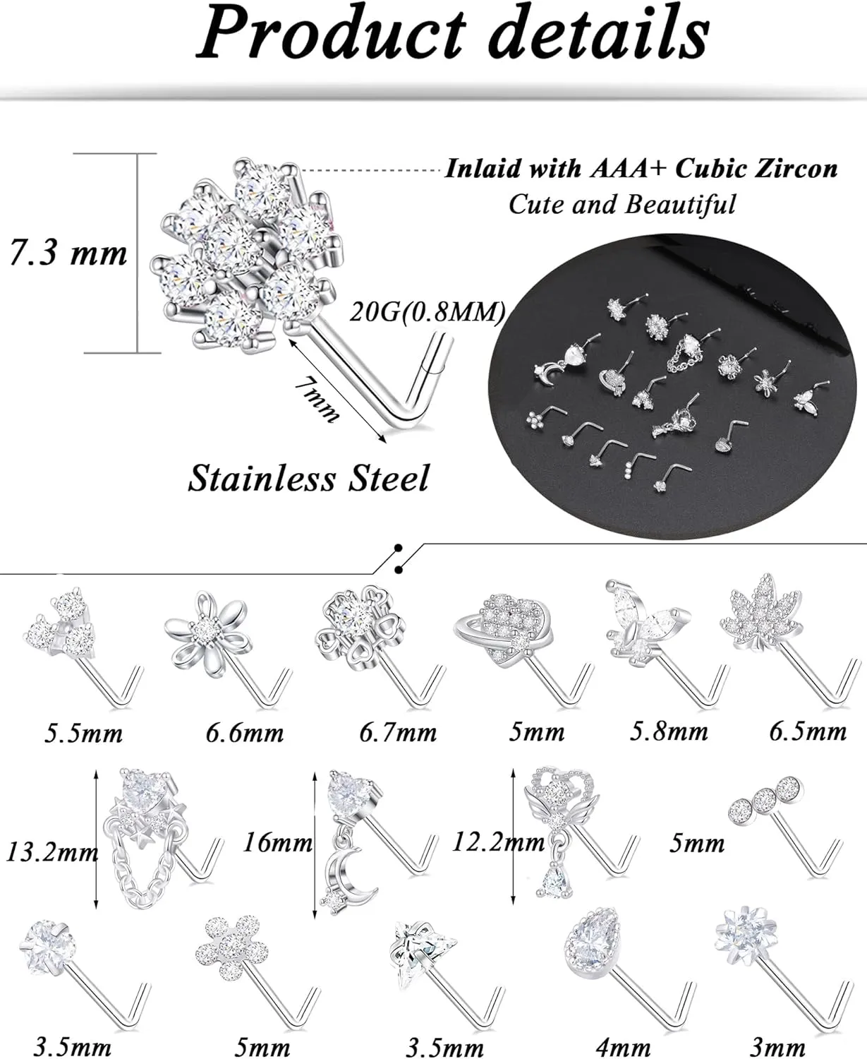 Tornito 16Pcs Nose Rings L Shaped Nose Stud Stainless Steel Butterfly Flower Leaf Heart Moon Dangle Nose Stud Ring Body Piercing Jewelry for Women Men 20G Pink Blue Clear CZ