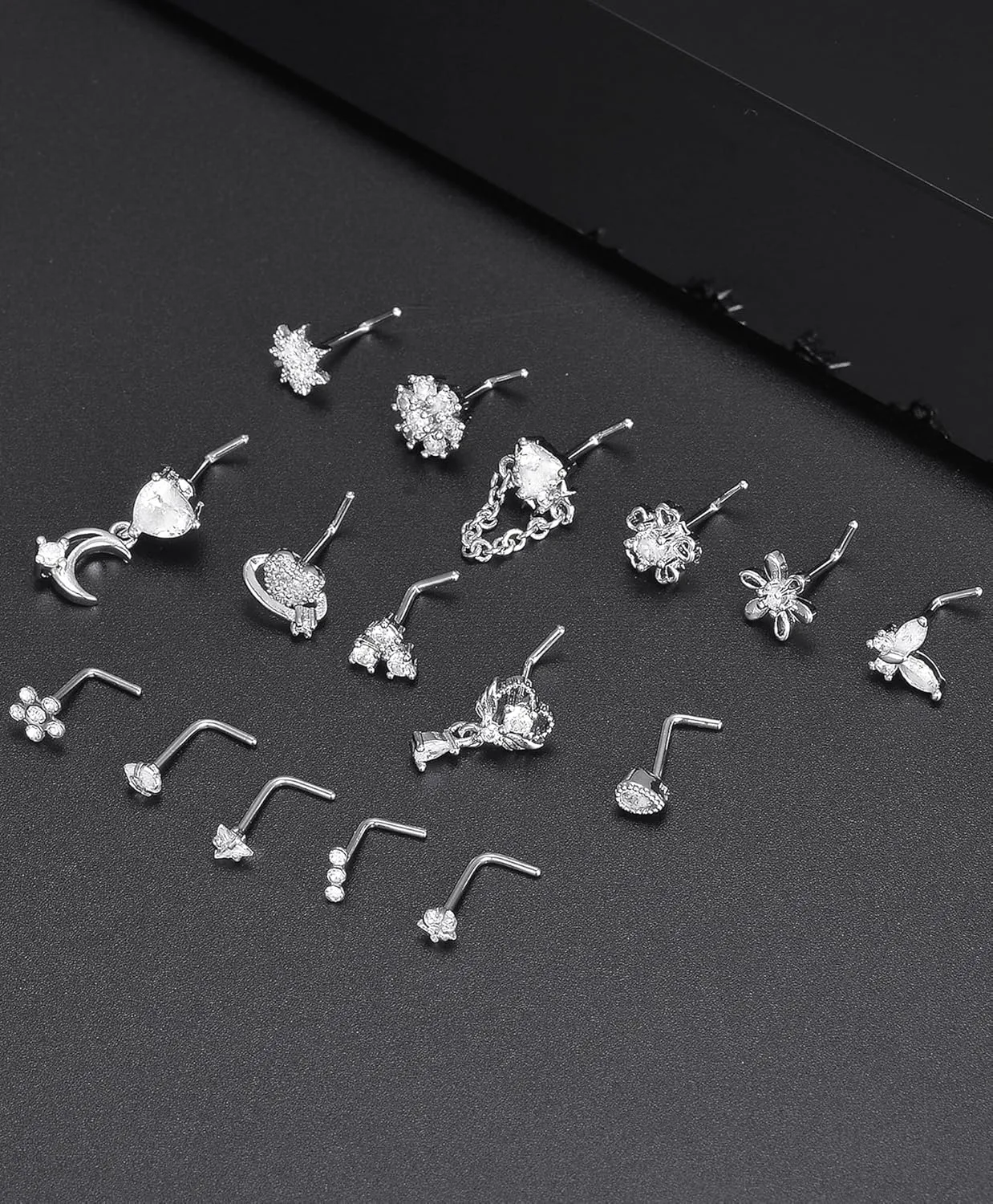 Tornito 16Pcs Nose Rings L Shaped Nose Stud Stainless Steel Butterfly Flower Leaf Heart Moon Dangle Nose Stud Ring Body Piercing Jewelry for Women Men 20G Pink Blue Clear CZ