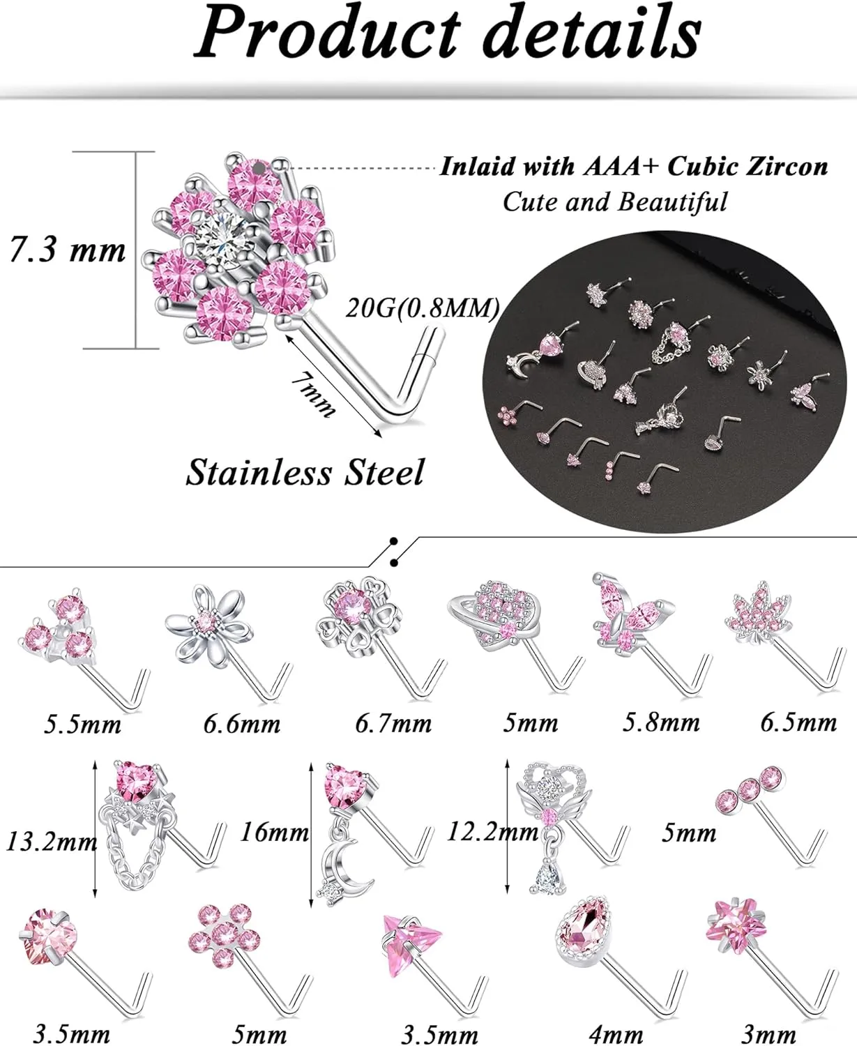 Tornito 16Pcs Nose Rings L Shaped Nose Stud Stainless Steel Butterfly Flower Leaf Heart Moon Dangle Nose Stud Ring Body Piercing Jewelry for Women Men 20G Pink Blue Clear CZ