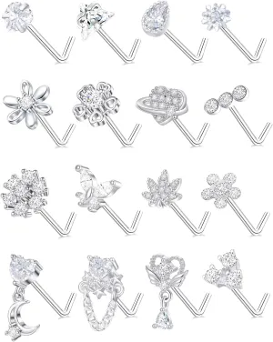 Tornito 16Pcs Nose Rings L Shaped Nose Stud Stainless Steel Butterfly Flower Leaf Heart Moon Dangle Nose Stud Ring Body Piercing Jewelry for Women Men 20G Pink Blue Clear CZ