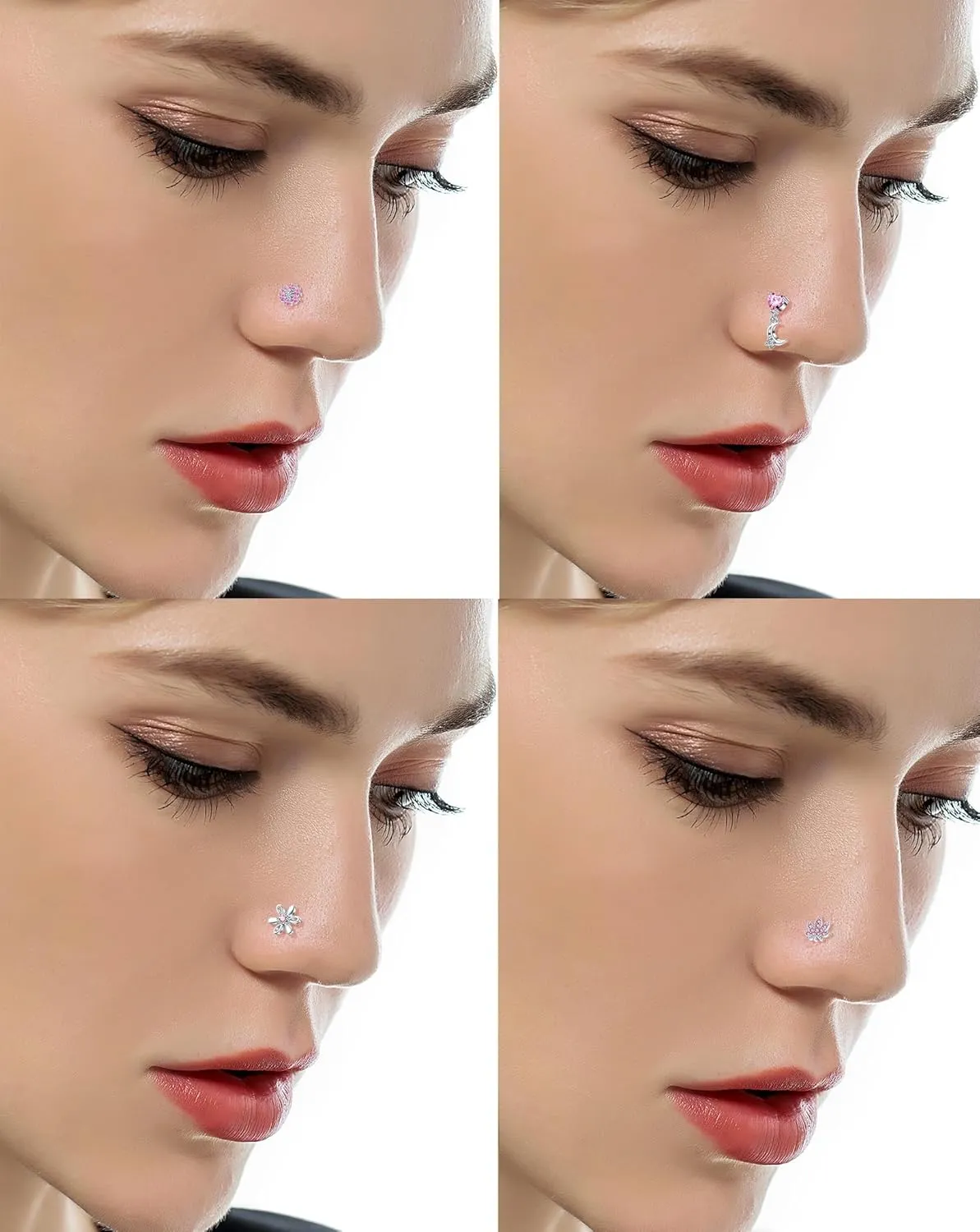 Tornito 16Pcs Nose Rings L Shaped Nose Stud Stainless Steel Butterfly Flower Leaf Heart Moon Dangle Nose Stud Ring Body Piercing Jewelry for Women Men 20G Pink Blue Clear CZ