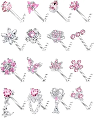 Tornito 16Pcs Nose Rings L Shaped Nose Stud Stainless Steel Butterfly Flower Leaf Heart Moon Dangle Nose Stud Ring Body Piercing Jewelry for Women Men 20G Pink Blue Clear CZ