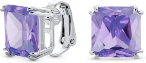 Traditional Classic Large Statement 5CT Square Princess Cut AAA CZ Solitaire Clip On Stud Earrings For Women Silver Plated Non Pierced Simulated Gemstone Jewel Colors 12MM
